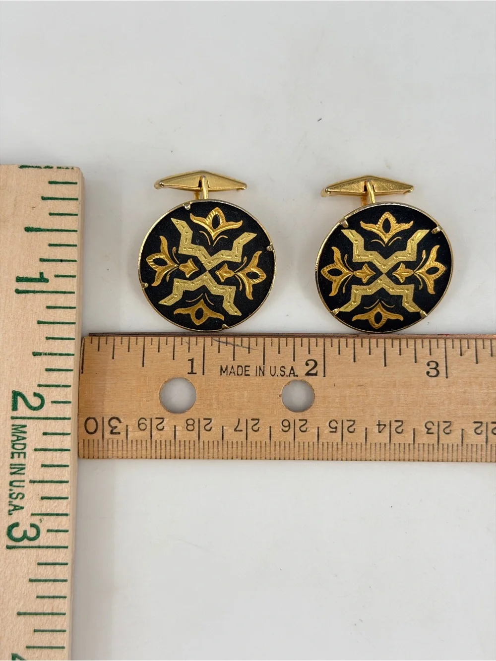 Vintage Black Gold Plated Etched Cufflinks Round Western Formal Damascene Style